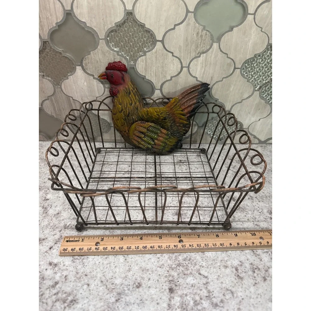 Vintage Farmhouse Metal Wire Basket with Colorful Rooster Decor Brown Country